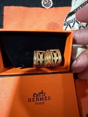 Gold and Black Enamel earrings Hermes clip on Set